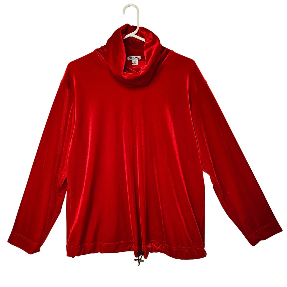 DEMOCRACY WEEKEND Red Velvet Cowl Neck Long Sleeve Athleisure Top‎ Small Holiday
